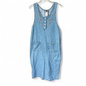 Vintage True Blue Embroidered denim maxi dress button front pockets Medium
